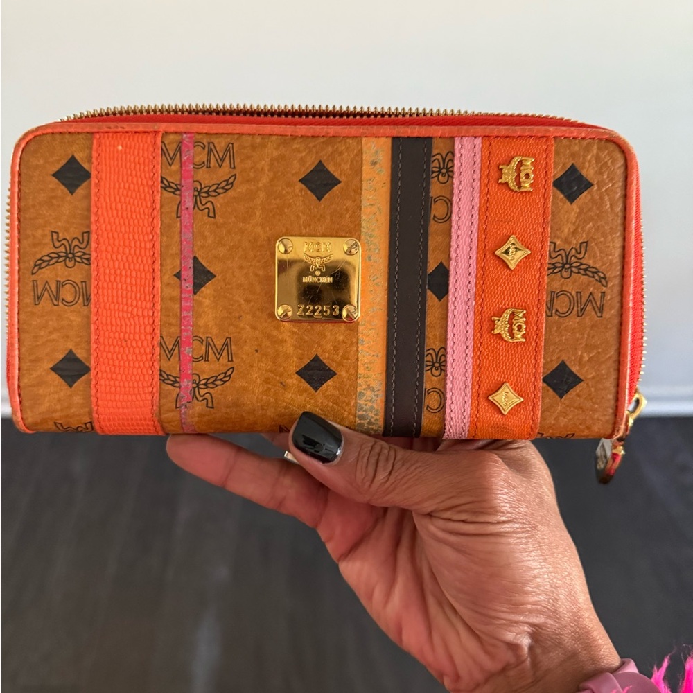 MCM Cognac Logo Zip-Around Wallet with Orange & Pink Accents